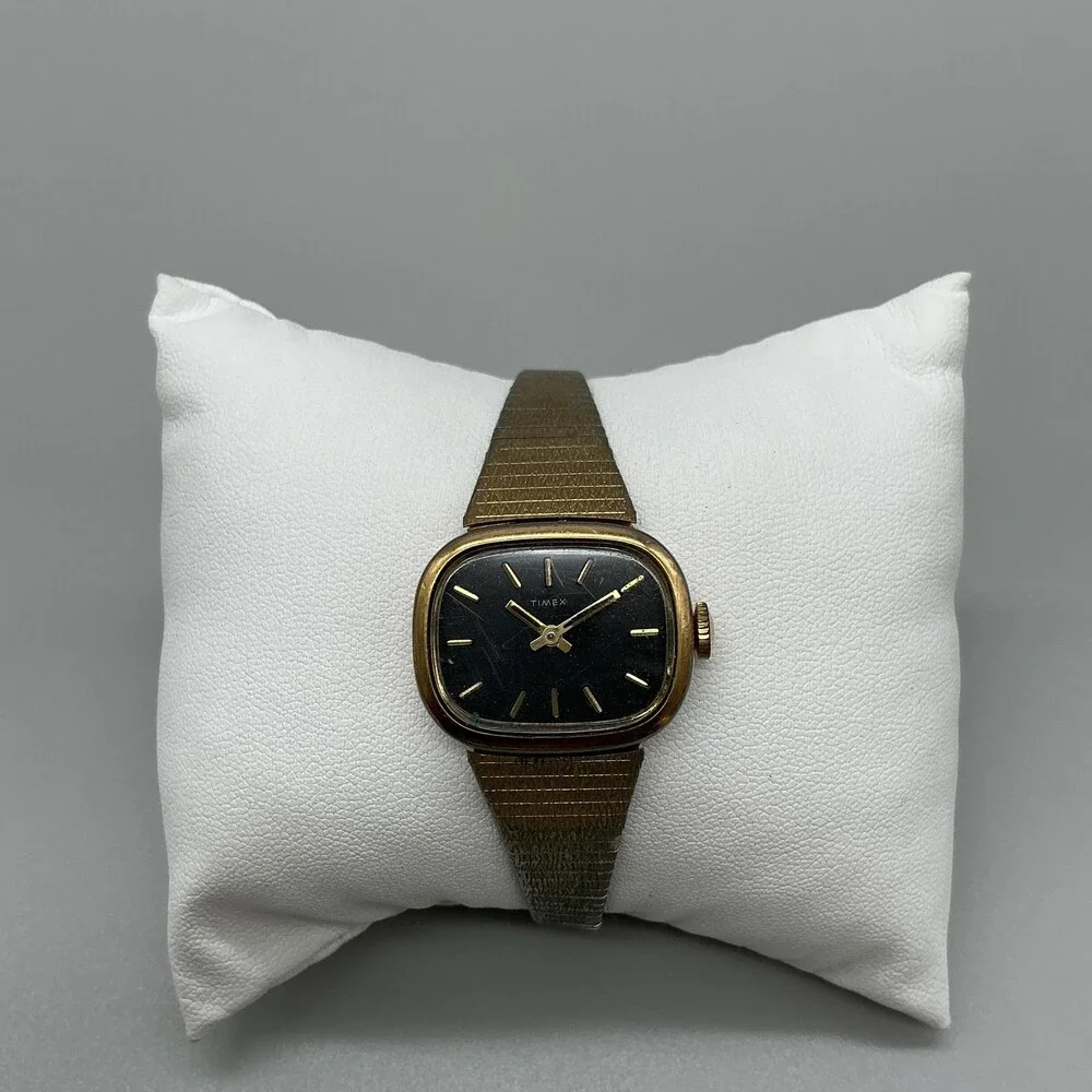 Vintage Timex Womens Watch 25mm Black Dial Gold Tone Mesh Band Manual Wind